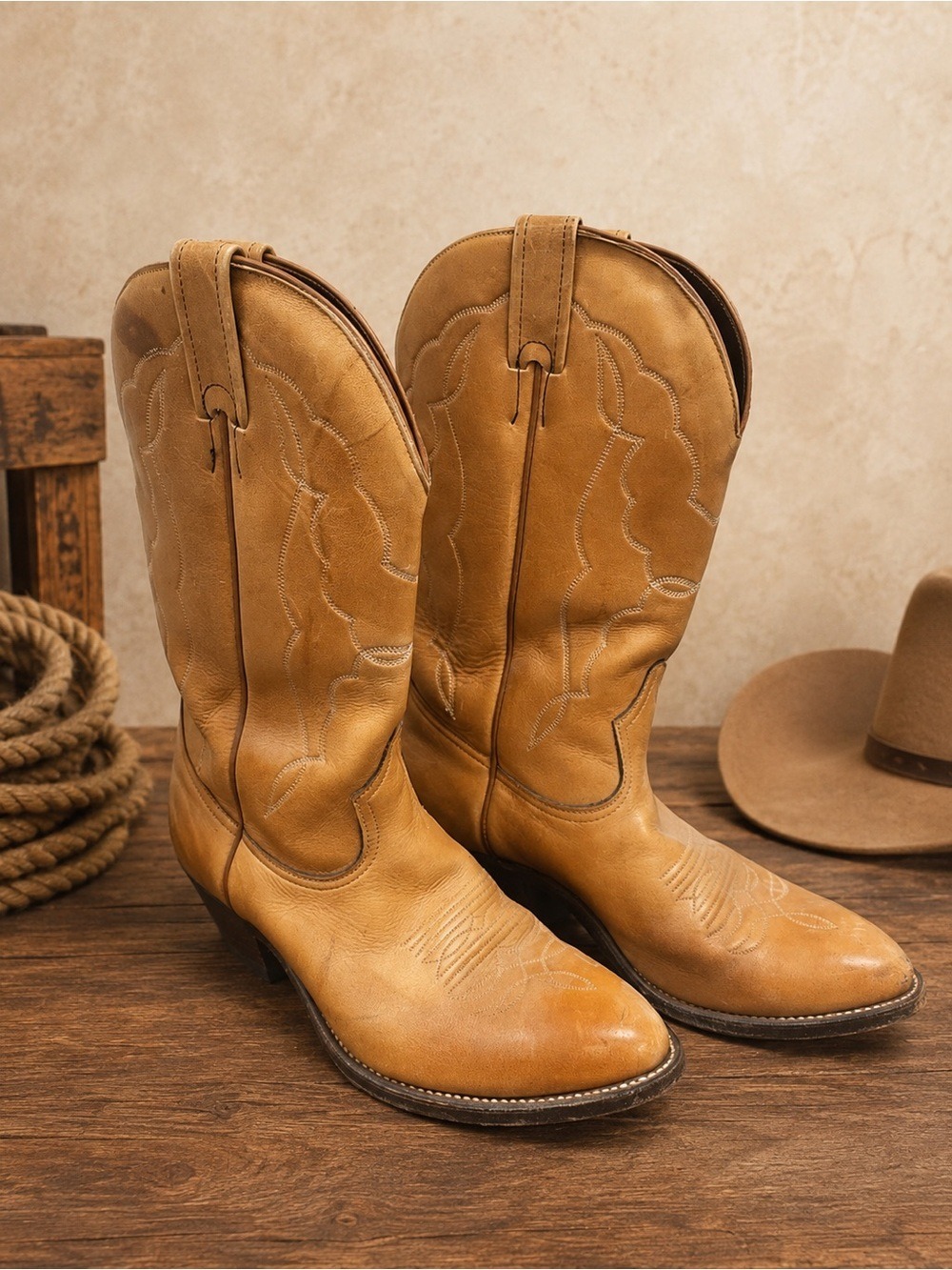 🤠Vintage Boulet Canada Tan Leather Western Cowboy Boots • Women’s 8.5 – 14” Tall